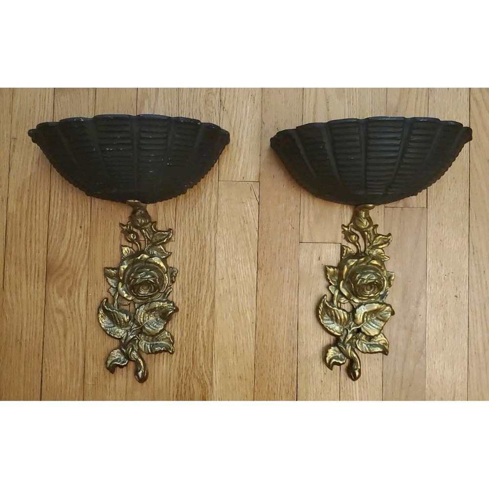Repurposed Virginia Metalcrafters 2207 Brass Rose Curtain Tie Back Wall Shelves